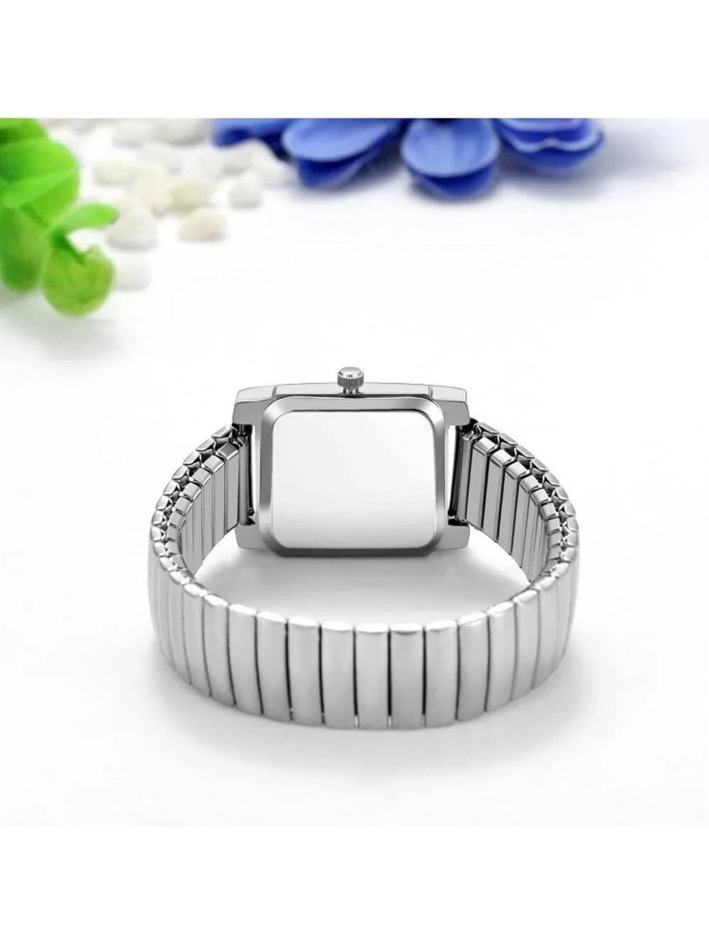 Women's Silver Analog Quartz Small Dial Easy Reader Stretch Band Square Watch
